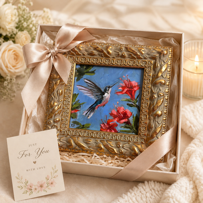 Hummingbird and red flowers original oil painting framed in wooden gold frame 9.5x9.5”
