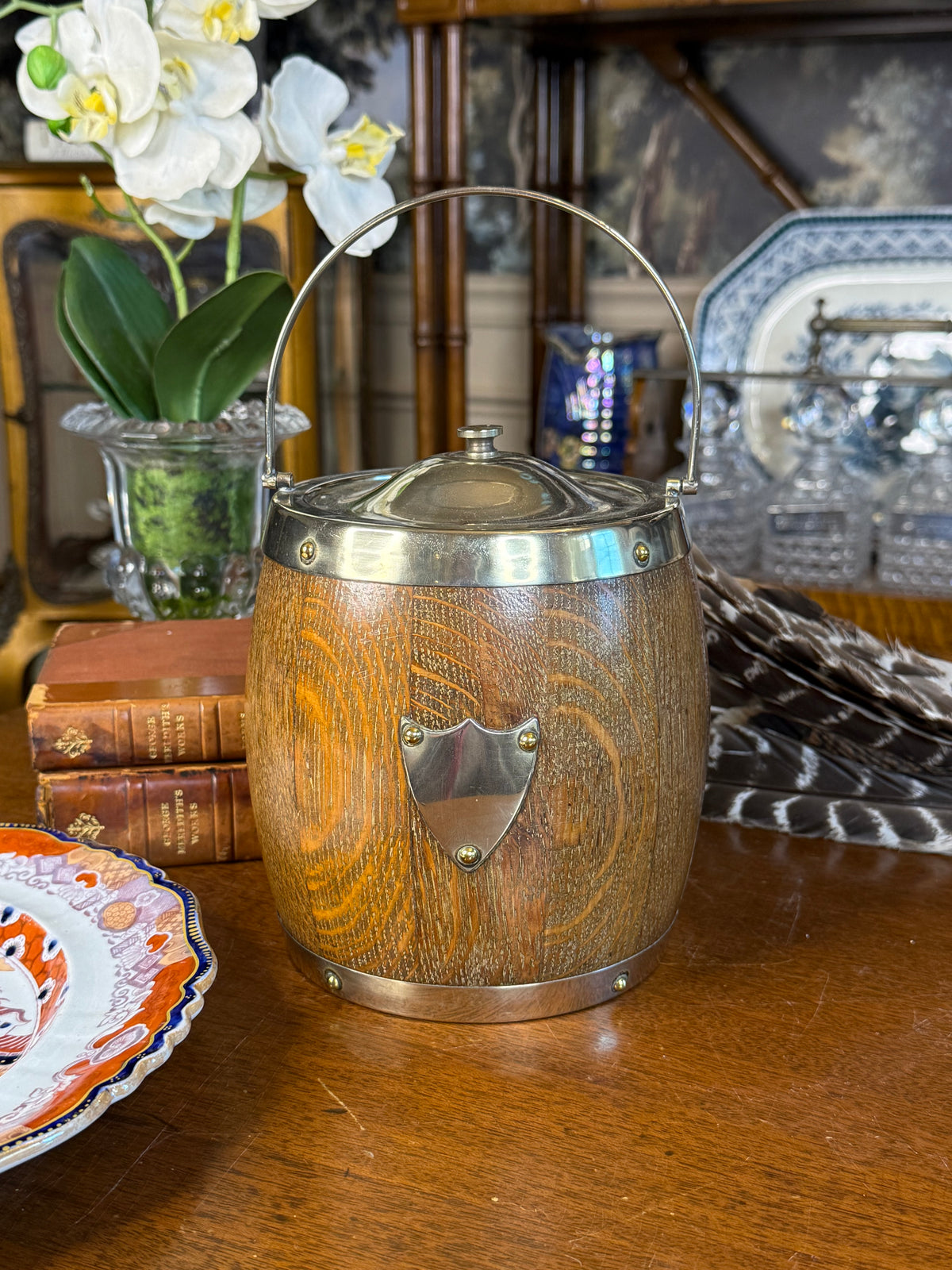 RARE - MOLLIE - Antique English Oak & EPNS Silver Plate Biscuit Barrel with Shield Cartouche, c.1900, 7” H