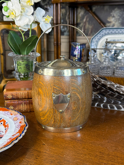 RARE - MOLLIE - Antique English Oak & EPNS Silver Plate Biscuit Barrel with Shield Cartouche, c.1900, 7” H