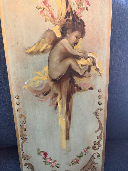 Gorgeous Italian handpainted panel featuring cherub and florals!