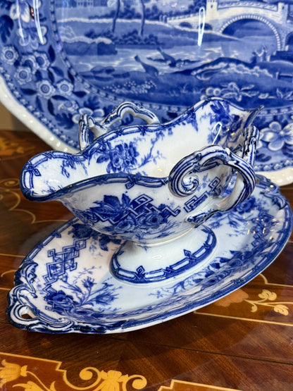 Antique B & Cie Double-Ended Flow Blue Sauce Boat with Integral Stand, c.1900, 11.5” Long x 6.5” Wide #DA4533