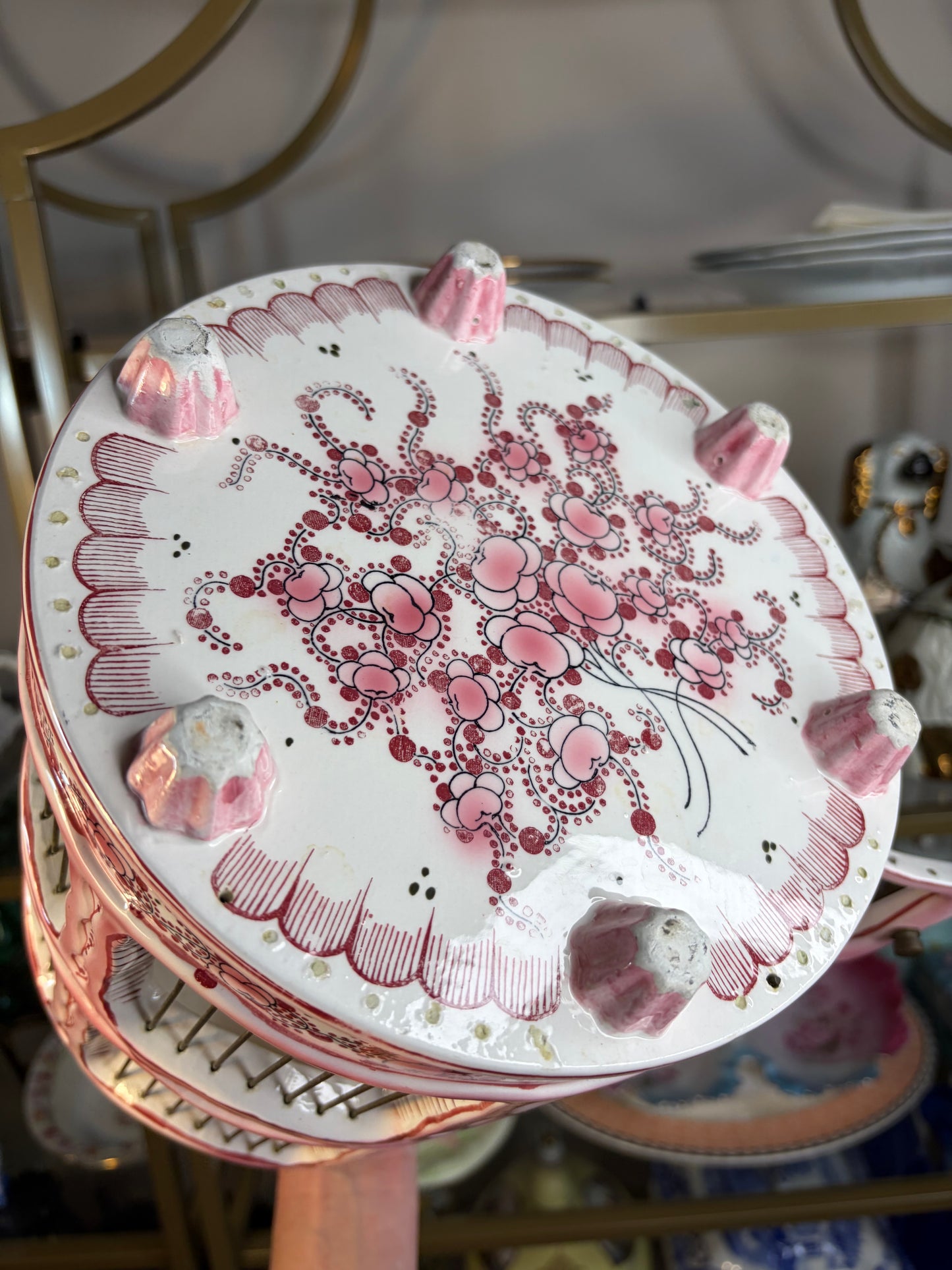 Stunning chinoiserie pink and white bird cage with bird! As is!