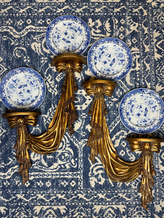 Pair of Vintage Style Gilt Resin Drapery Wall Brackets / Display Shelves | Tassel & Swag Design | 28” H × 18” W