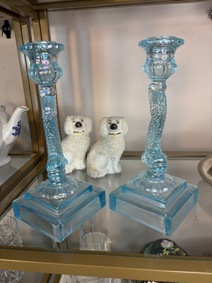 Stunning koi blue iridescent candleholders pair!