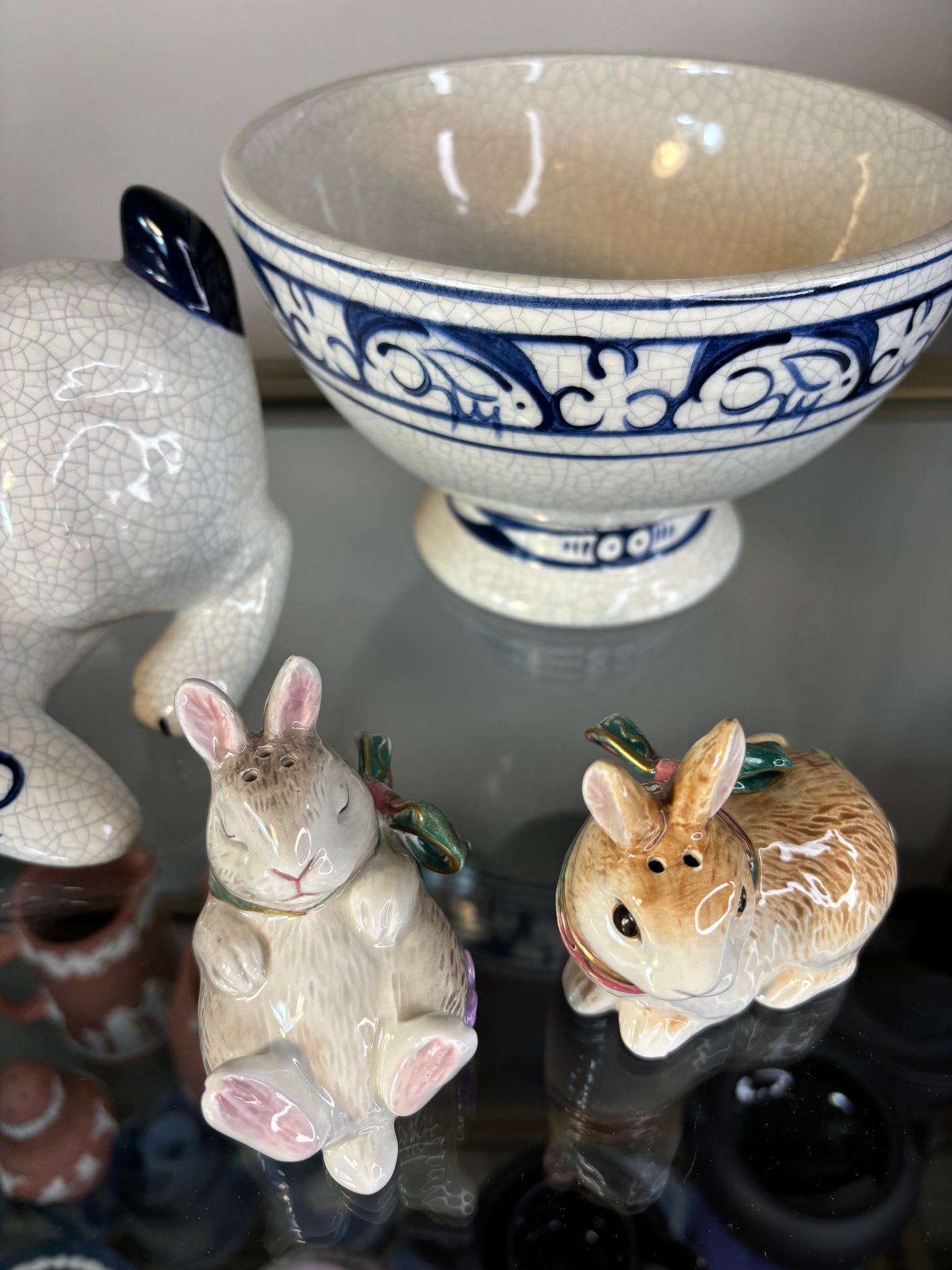 Sweetest Fitz and Floyd bunnies with bows and florals salt and pepper pair!
