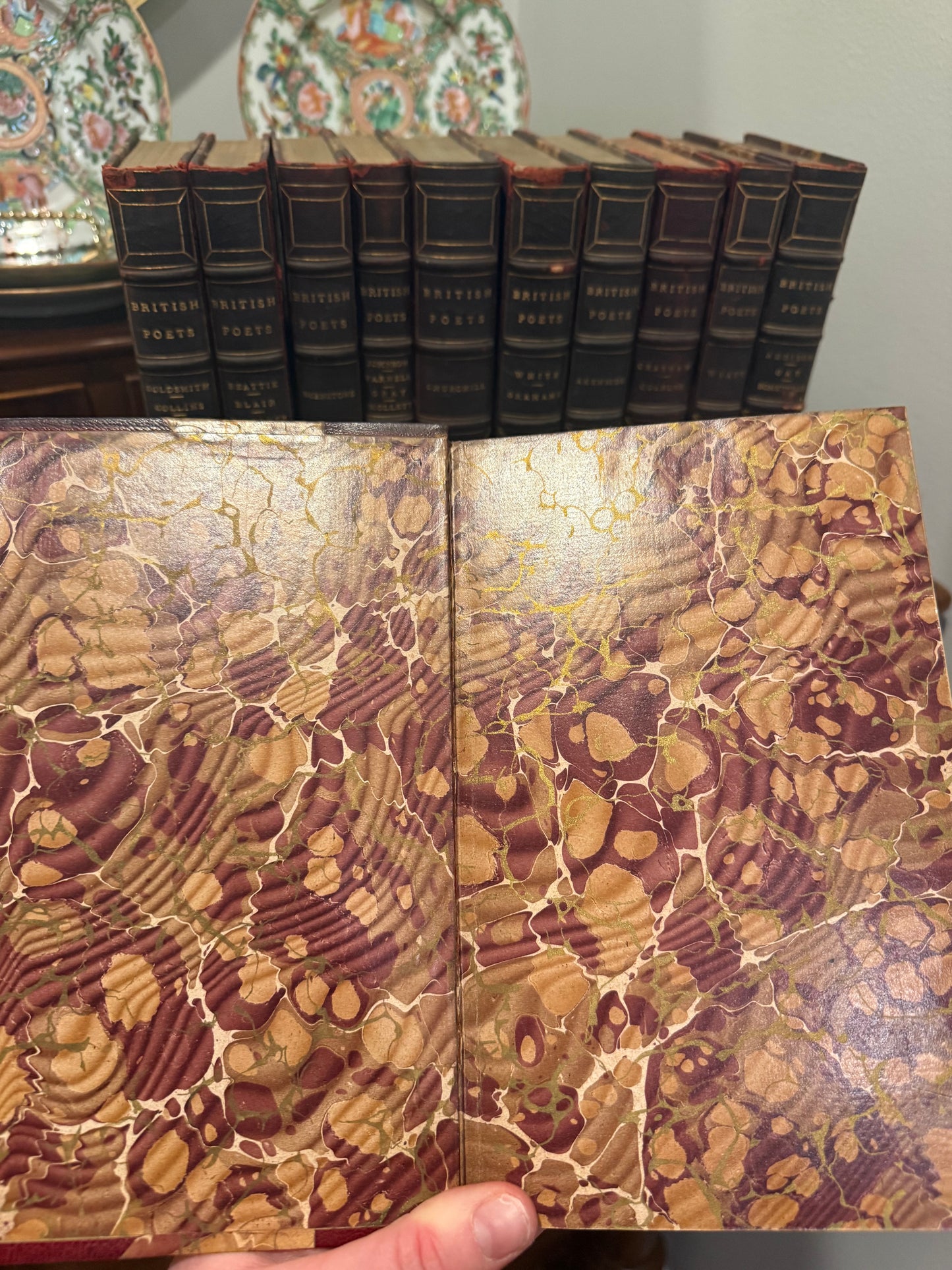 On Hold - Antique Set of 11 Leather Bound Marbled Front Books with Gold Leaf Pages - British Poets (1853-1859)