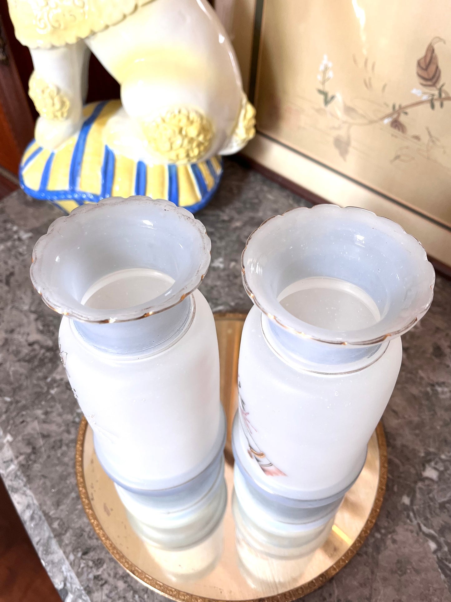 Unique Pair Of Hand Painted Bristol Glass Vases With Left/Right Hands And Flowers 9”