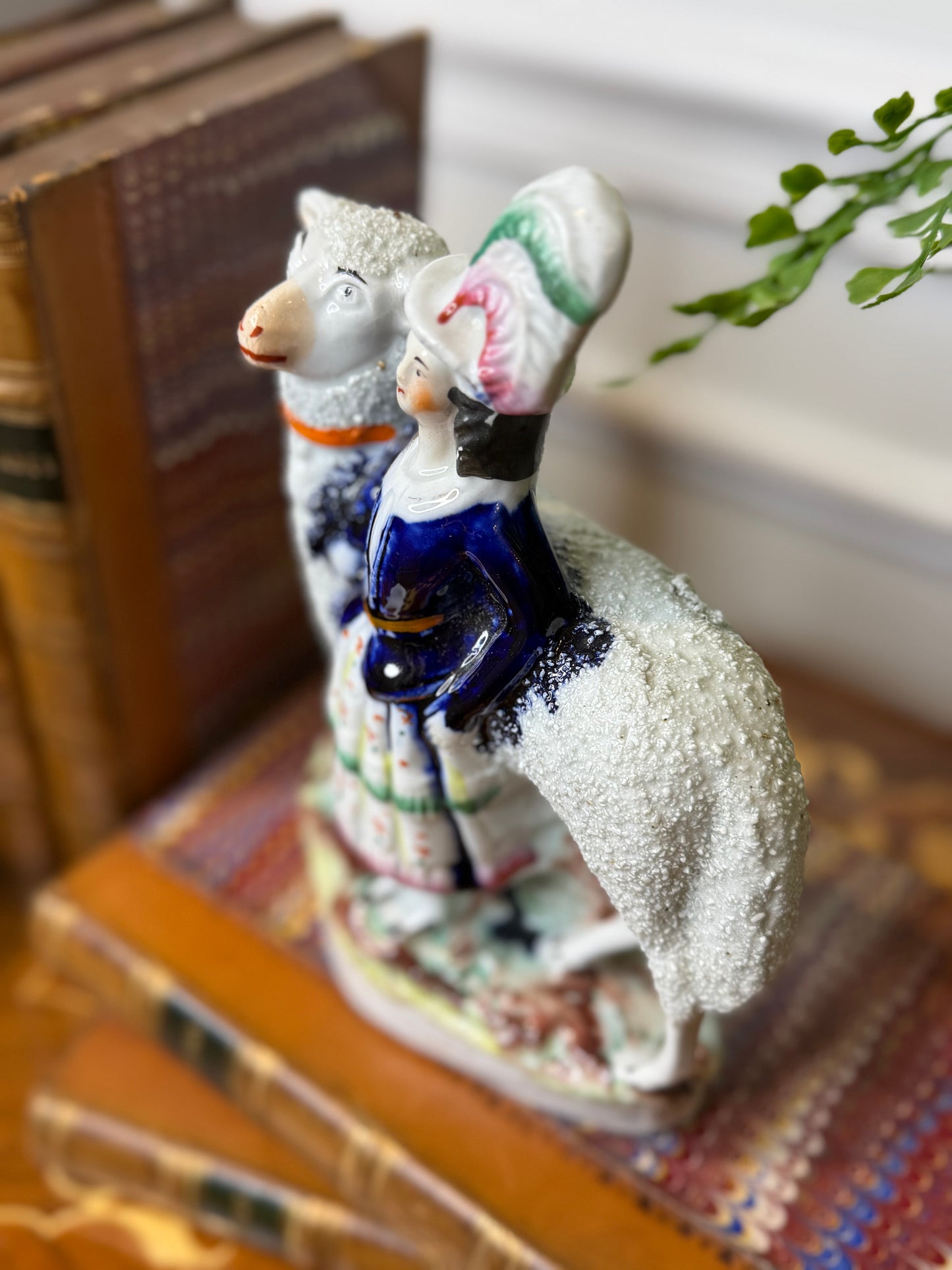 Antique Staffordshire Sanded Lamb & Shepherdess Figure | Pearlware Style Figurine | 8.5” Tall #DA4253
