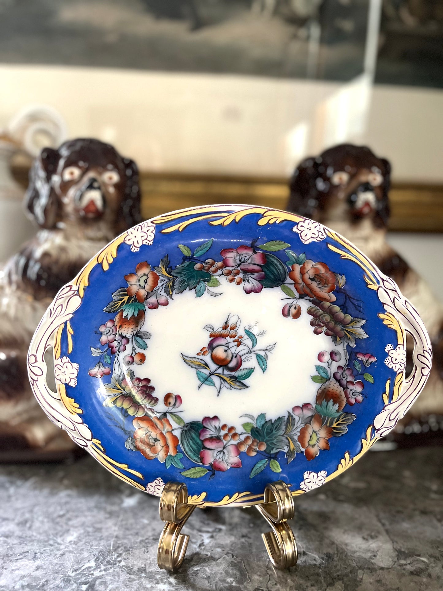 RESERVED - AMYLEA - Live 06/29 Antique Davenport Porcelain Dessert Dish · Cobalt Floral And Fruit · c. 1854 Registered Design