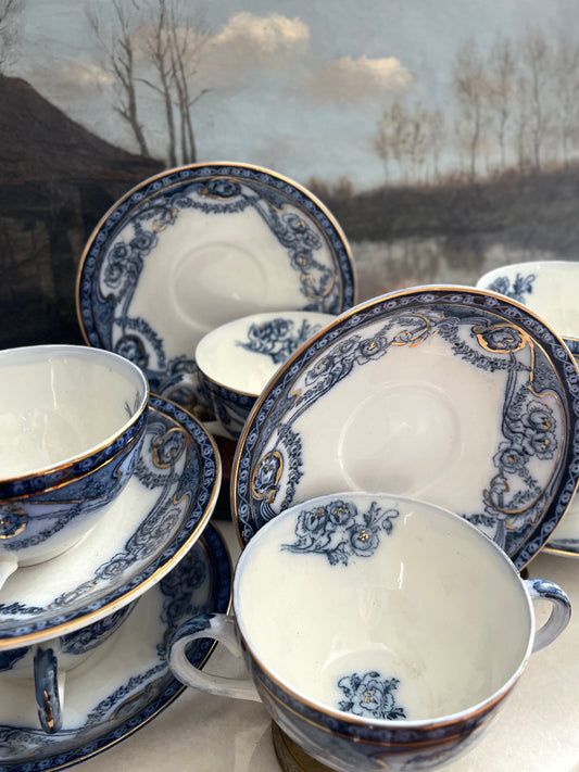 Romantic Set of 6/19th Century Royal Staffordshire “Reknown” Flow Blue Gilded Broth Cups and Saucers