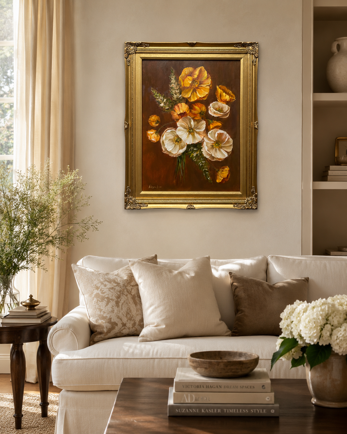 Yellow and white poppies bouquet original oil painting 23x29” framed