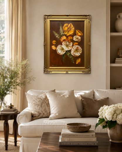 Yellow and white poppies bouquet original oil painting 23x29” framed