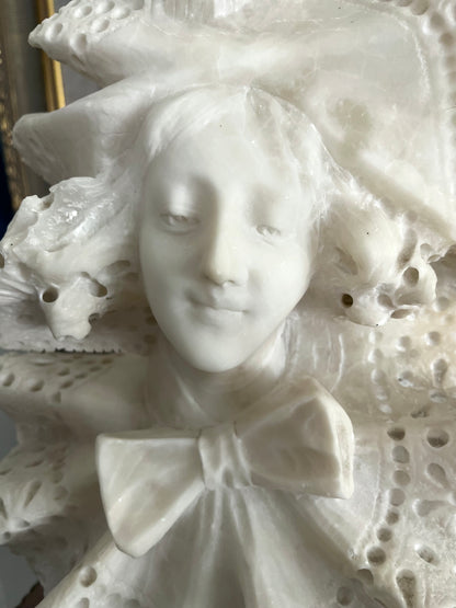 Whisper of Lace — Intricate Detailed Victorian Alabaster Lady Bust on Marble Plinth Circa 1880-1910 - 15”