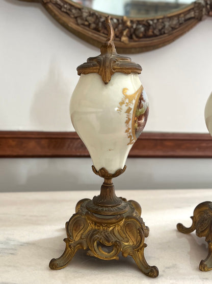 Pair of French Hand-Painted Pastoral Porcelain & Bronze Garniture Urns