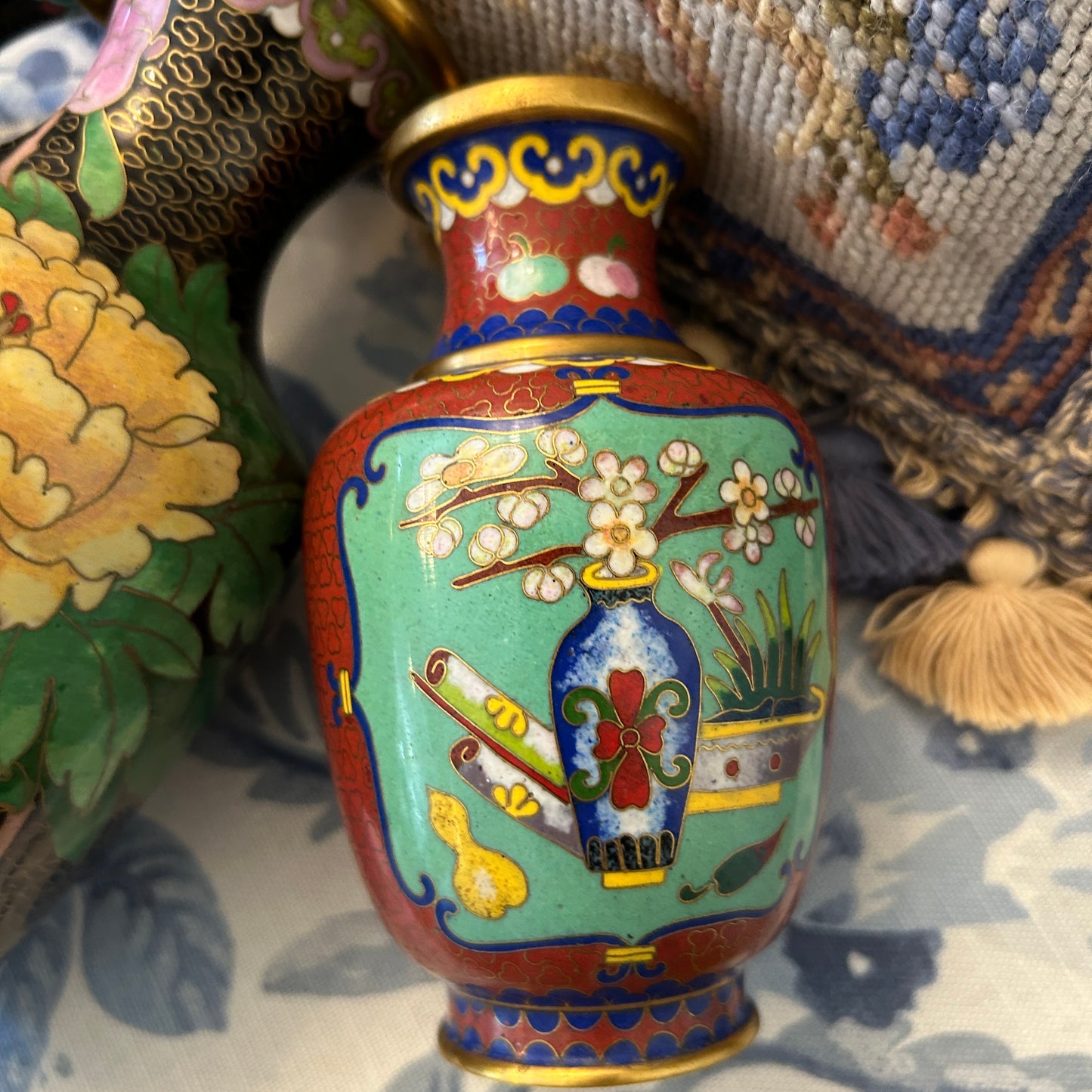 Set of 3 Bold vintage brass & enamel cloisonné etched vases