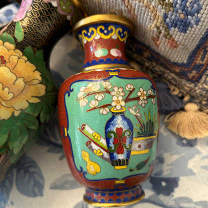 Set of 3 Bold vintage brass & enamel cloisonné etched vases