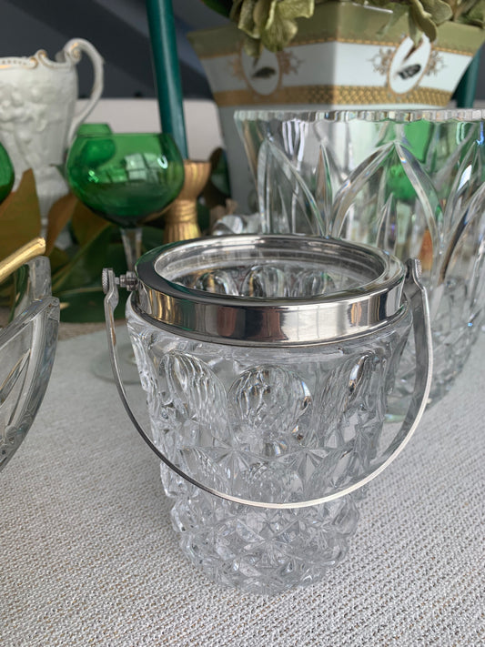 Small Heavy Crystal ice bucket with silverplate rim and handle