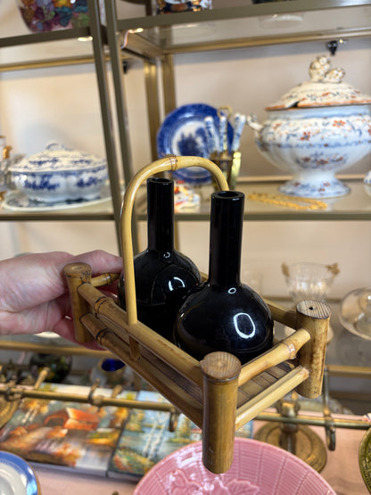 Vintage bamboo caddy with two glass bud vases!