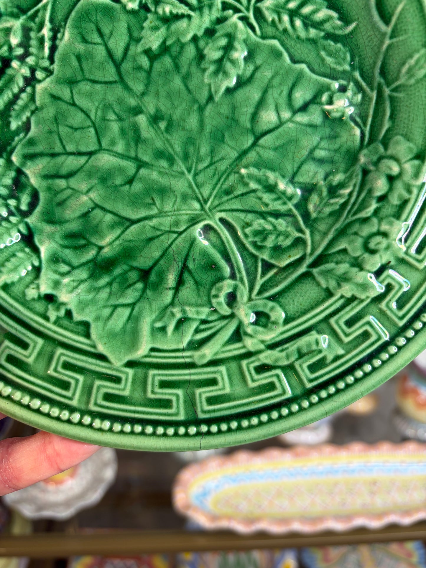 Lovely majolica green plate with Greek key border! As is!