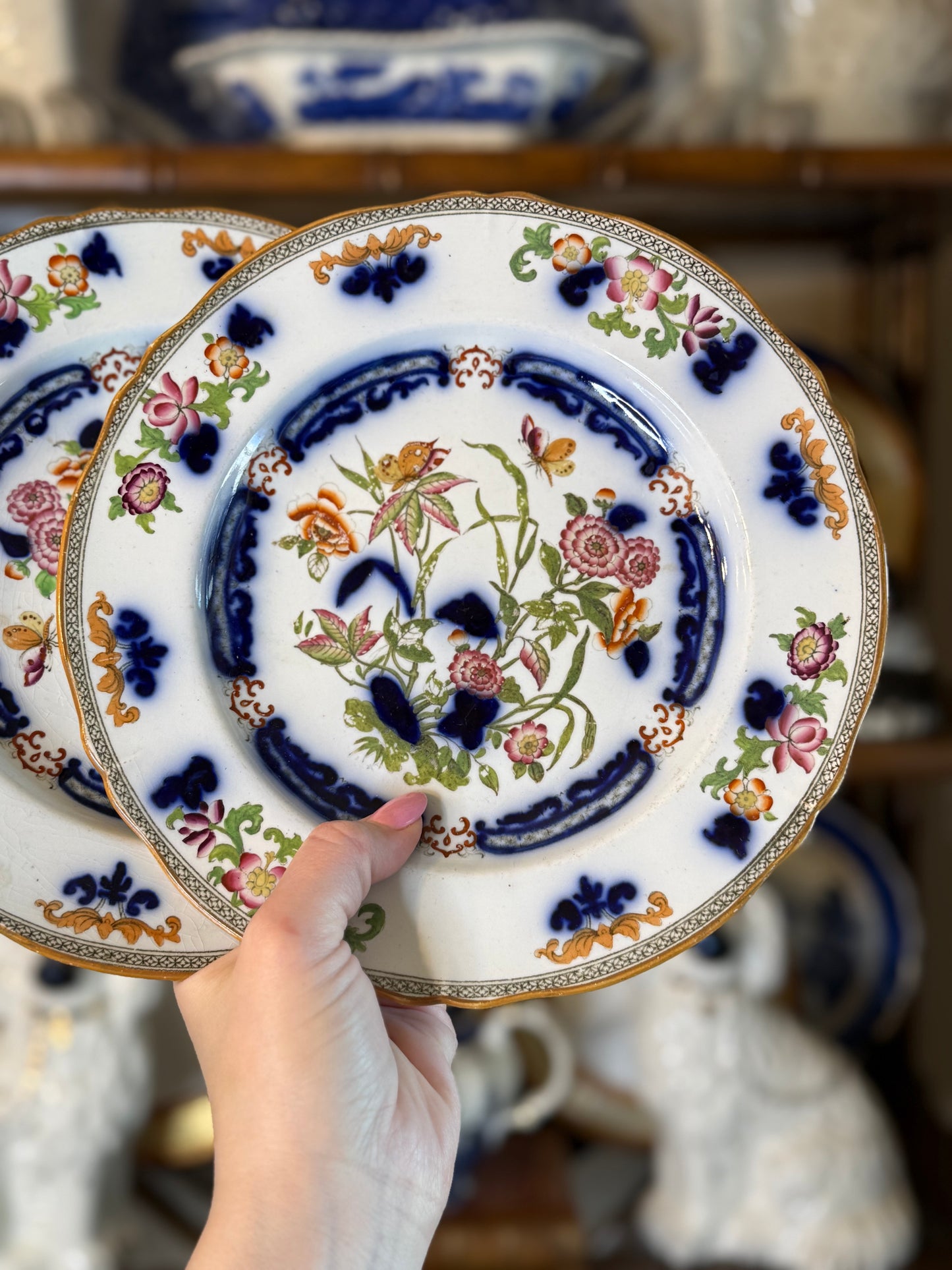 Antique English Porcelain Imari Botanical Dessert Plates | Pair | Hand-Painted Gilt | c. 1835–1855 | Pattern No. 6856