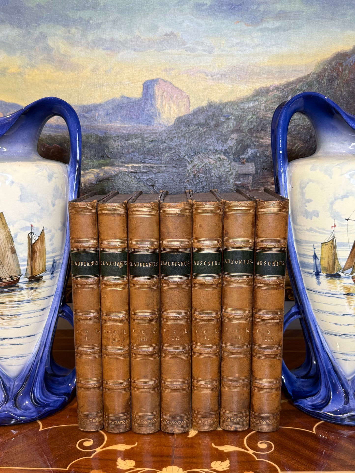 Antique Early 19th Century Latin Classical Library Book Collection, Set of 7 | Full Leather & Marbled Bindings | 1821–1823