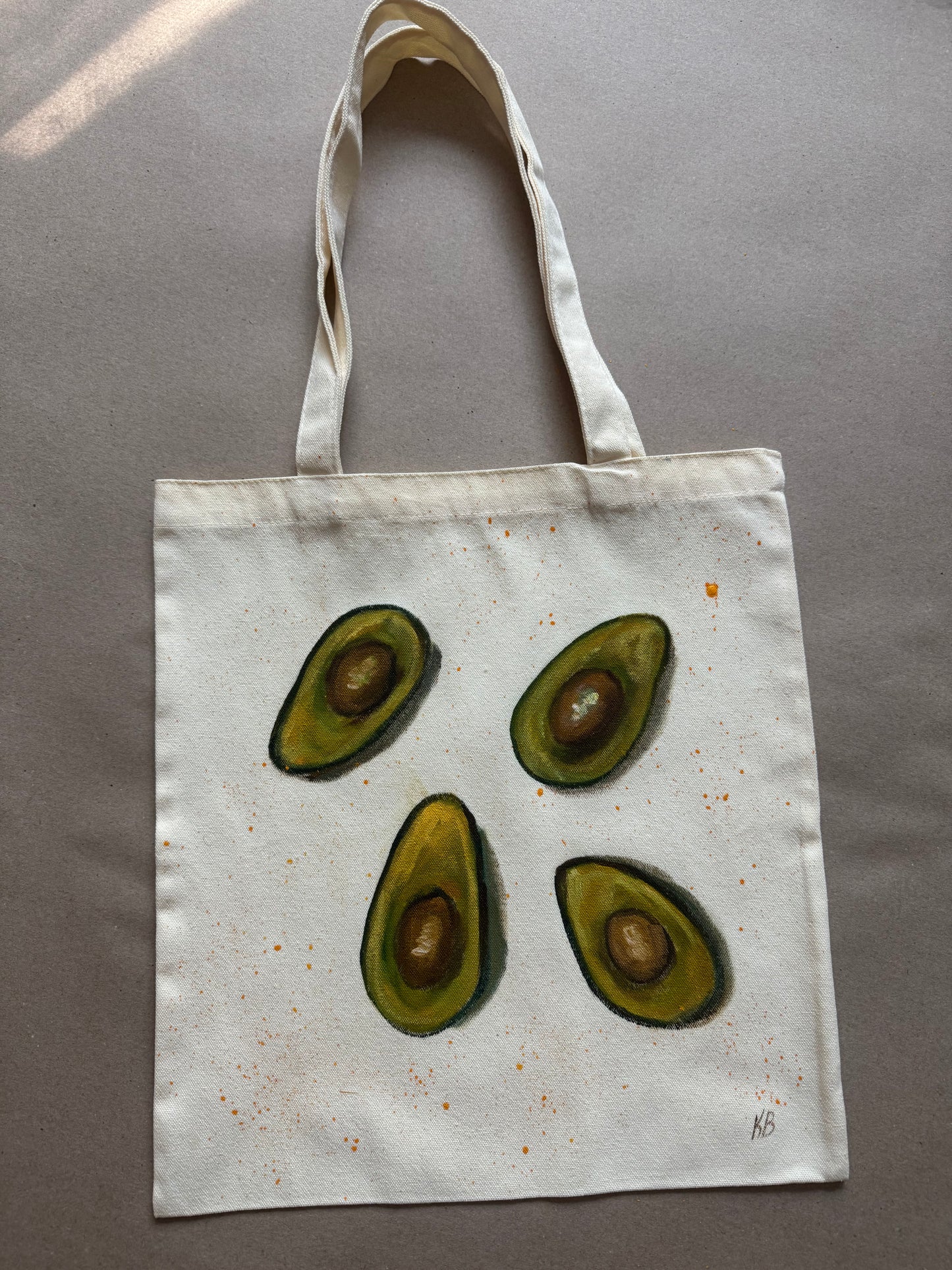 Avocado hand painted tote bag 15x14”