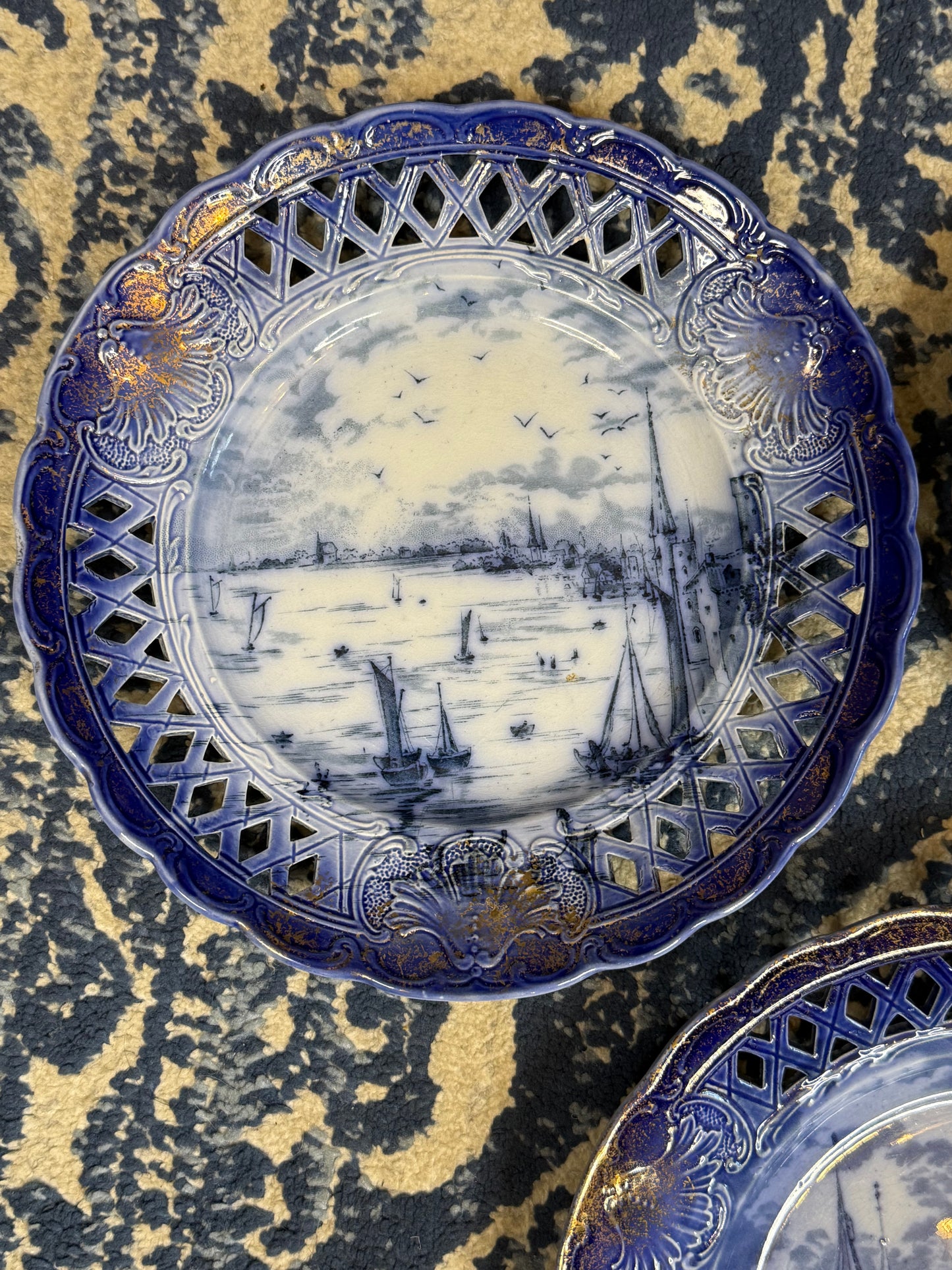 Antique Set of 3 Empire Porcelain Co. Pierced Blue & White City View Plates | Circa 1896–1912 | 9" Diameter #DA4516
