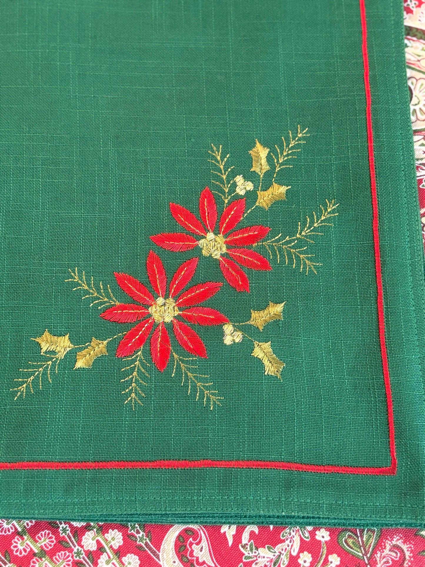 Set (4) Green Placemats with Embroidered Poinsettias