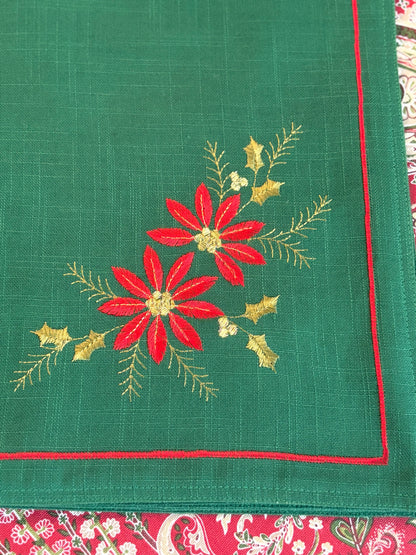 Set (4) Green Placemats with Embroidered Poinsettias