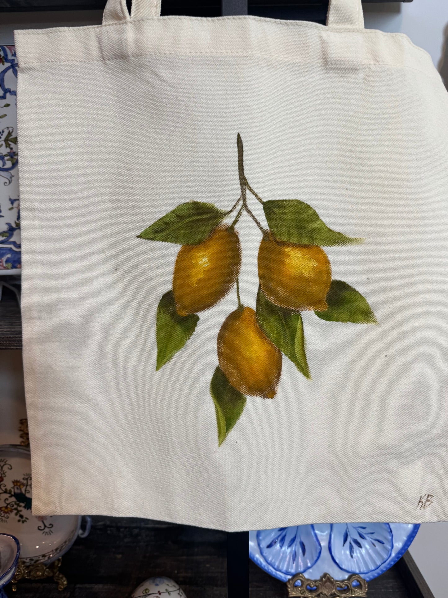Lemons hand painted tote bag 15x14”