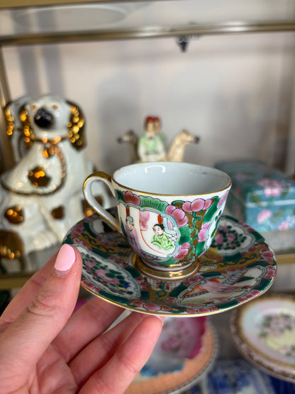 Famille Rose teacup and saucer handpainted featuring birds!