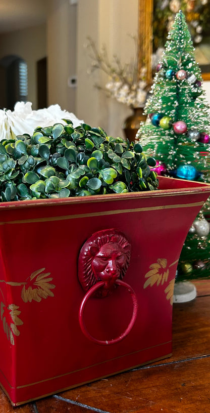 Festive Vintage Red double Lion Head handle tole Planter centerpiece