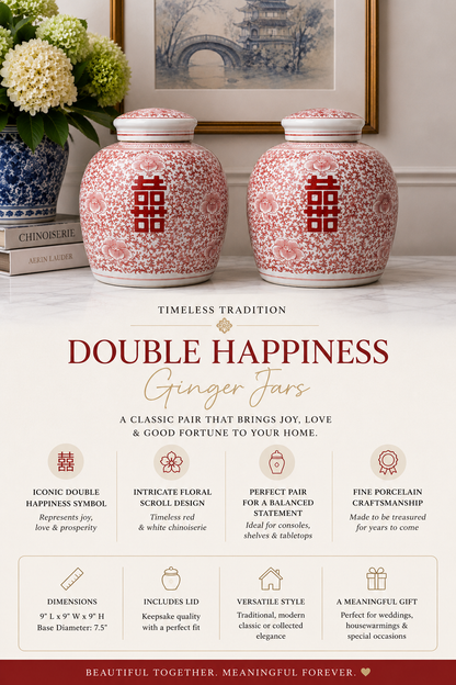 Danny’s Fine Porcelain Red Double Happiness Ginger Jar, 9”