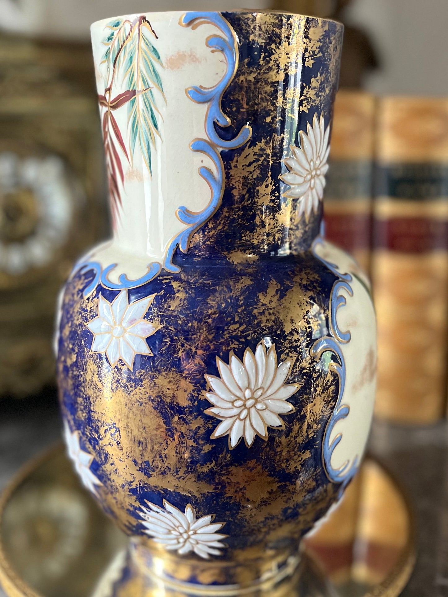 RESERVED - THERESA - Live 09/01 Antique English Aesthetic Movement Cobalt & Gilt Vase | Raised Bird, Dragonfly & Gilt-Sponge Decoration Circa 1870-1895