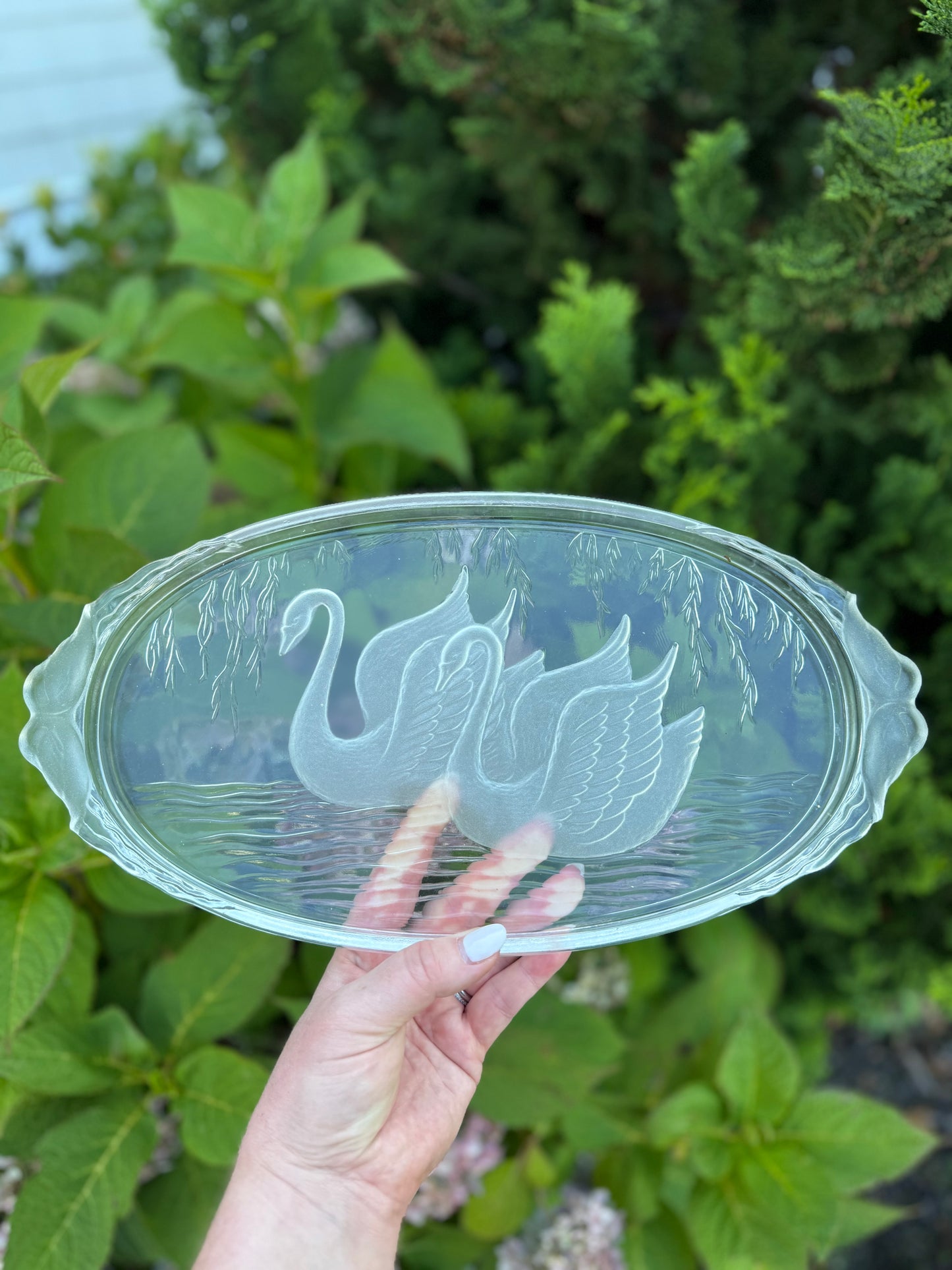 Vintage Etched Glass 14.5” Swan Platter with Double Swan Handles