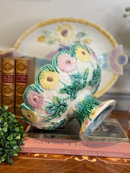 Antique Griffen, Smith & Hill Etruscan Majolica Floral Pedestal Compote Bowl | 9” x 5”