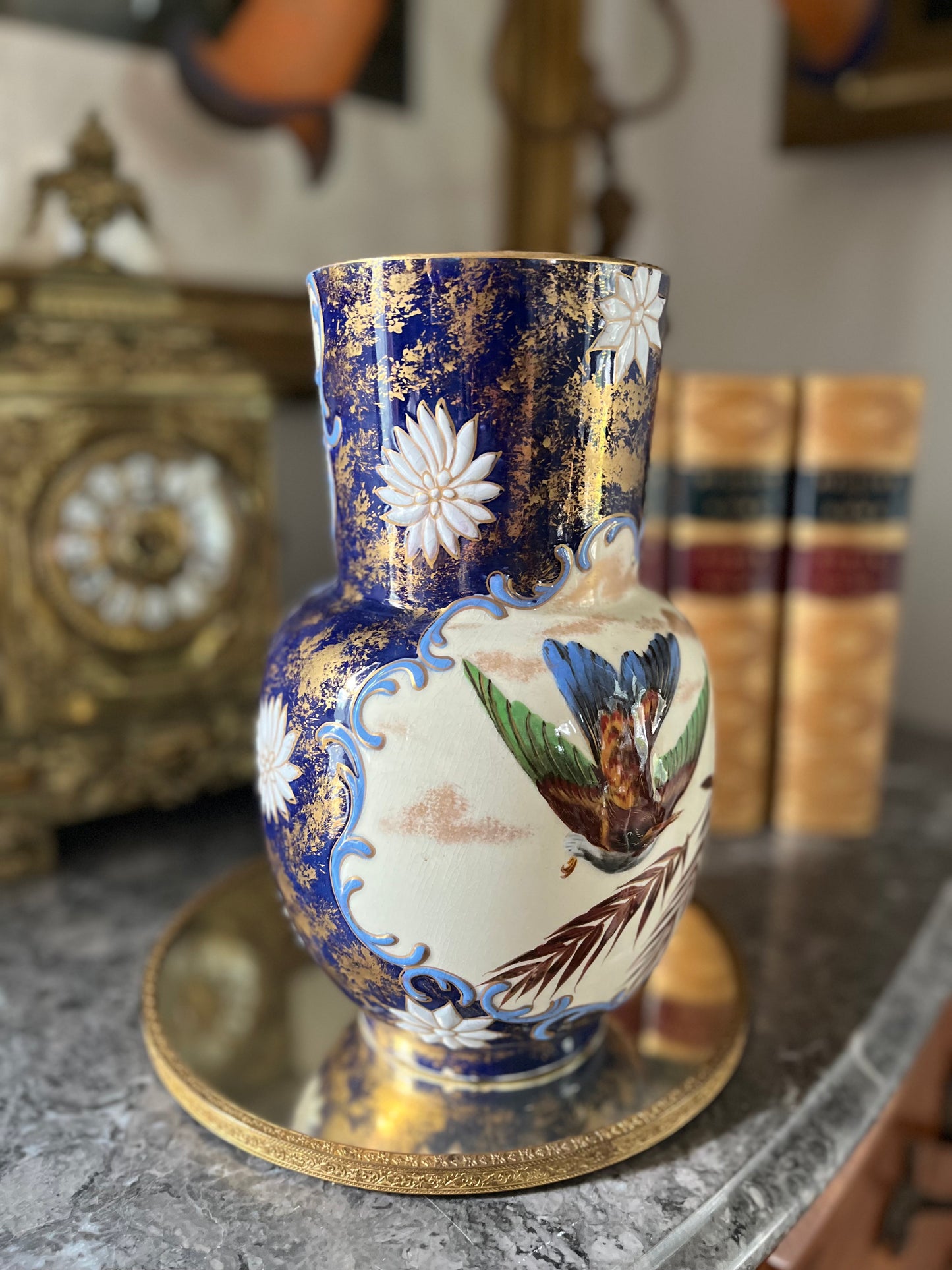 RESERVED - THERESA - Live 09/01 Antique English Aesthetic Movement Cobalt & Gilt Vase | Raised Bird, Dragonfly & Gilt-Sponge Decoration Circa 1870-1895