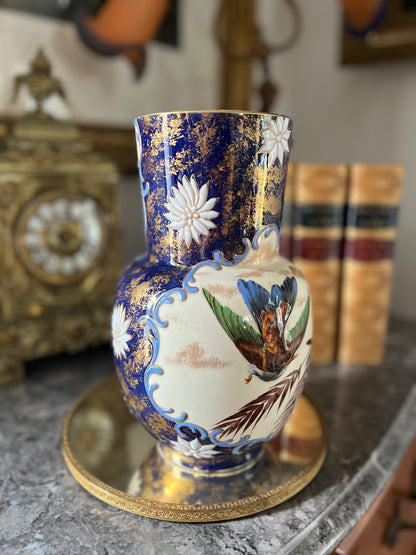 RESERVED - THERESA - Live 09/01 Antique English Aesthetic Movement Cobalt & Gilt Vase | Raised Bird, Dragonfly & Gilt-Sponge Decoration Circa 1870-1895