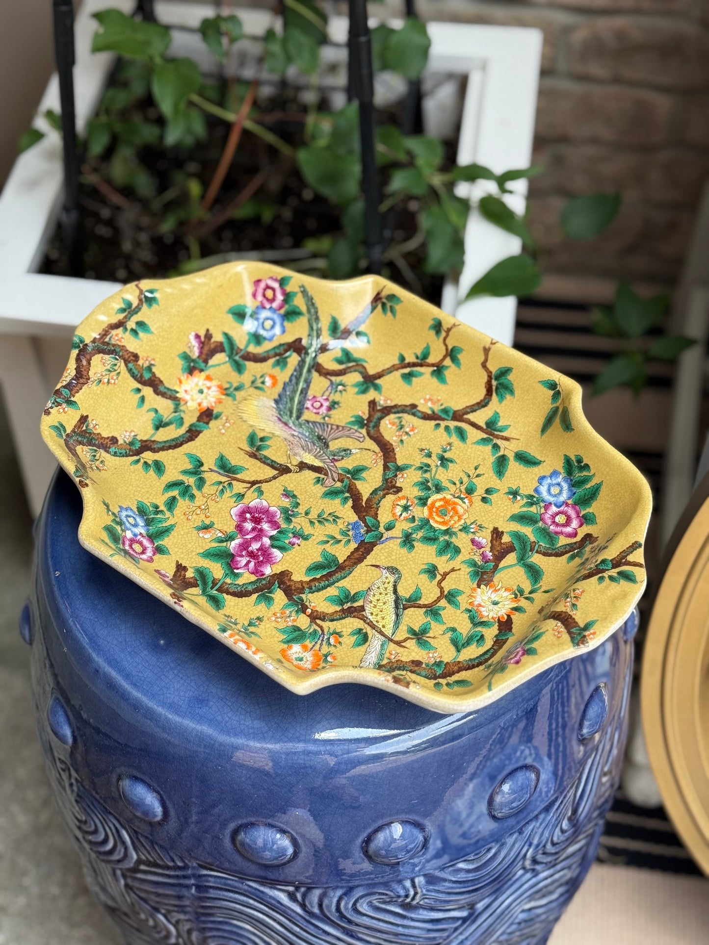Danny’s Fine Porcelain - Yellow Hand-Painted Chinoiserie Porcelain Tray with Birds & Blossoms