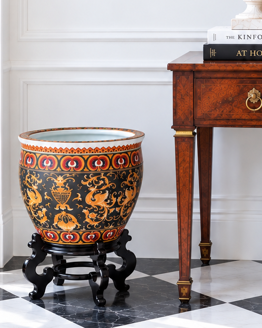 Striking Large Chinoiserie Black Ground Fish Bowl Jardinière/Planter with Stand - Floor Size