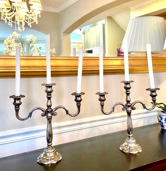 Pair of spectacular heavy silver plate triple candelabras from Godinger Company
