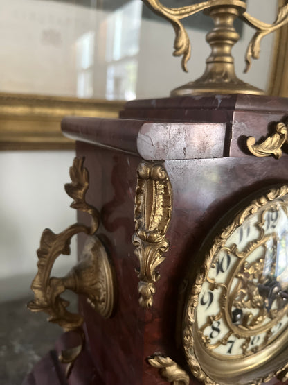 Exceptional Antique Rococo S. Marti France Rouge Griotte Marble And Bronze Ormulu Mantle Clock Circa 1860-1870