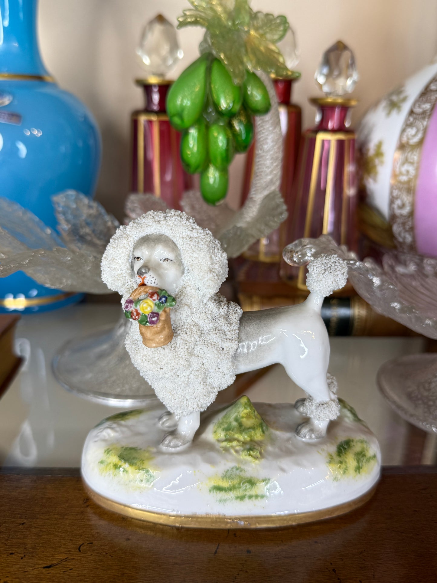 French Porcelain Poodle with Floral Basket Figurine | 5” Tall | Style DA4387