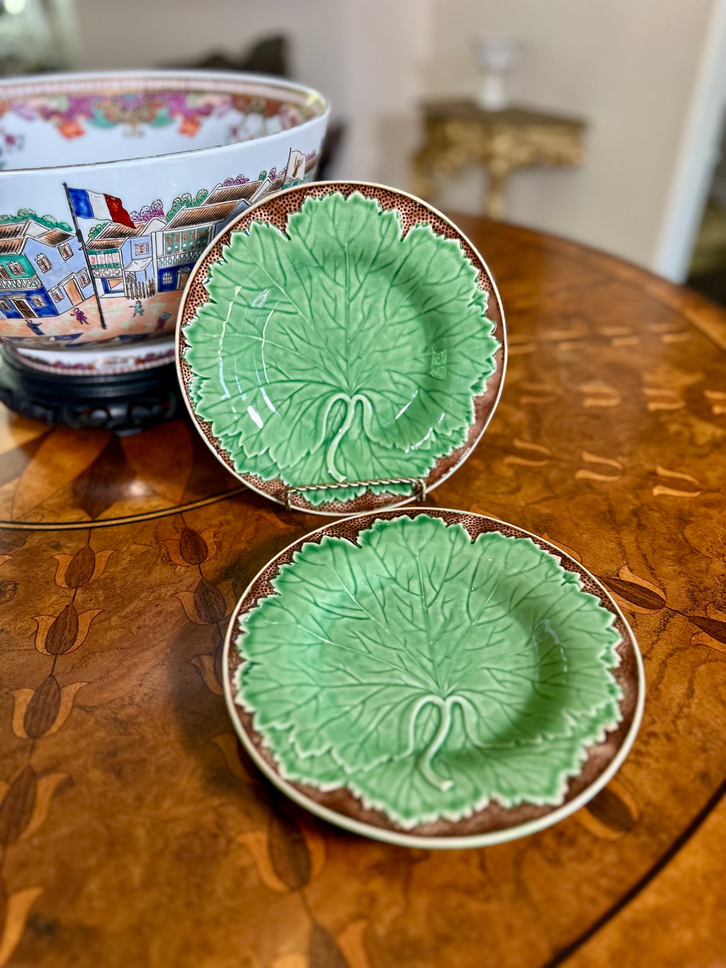 Vintage Bordallo Pinheiro “New Vine” Majolica Salad Plates, Pair | Portugal
