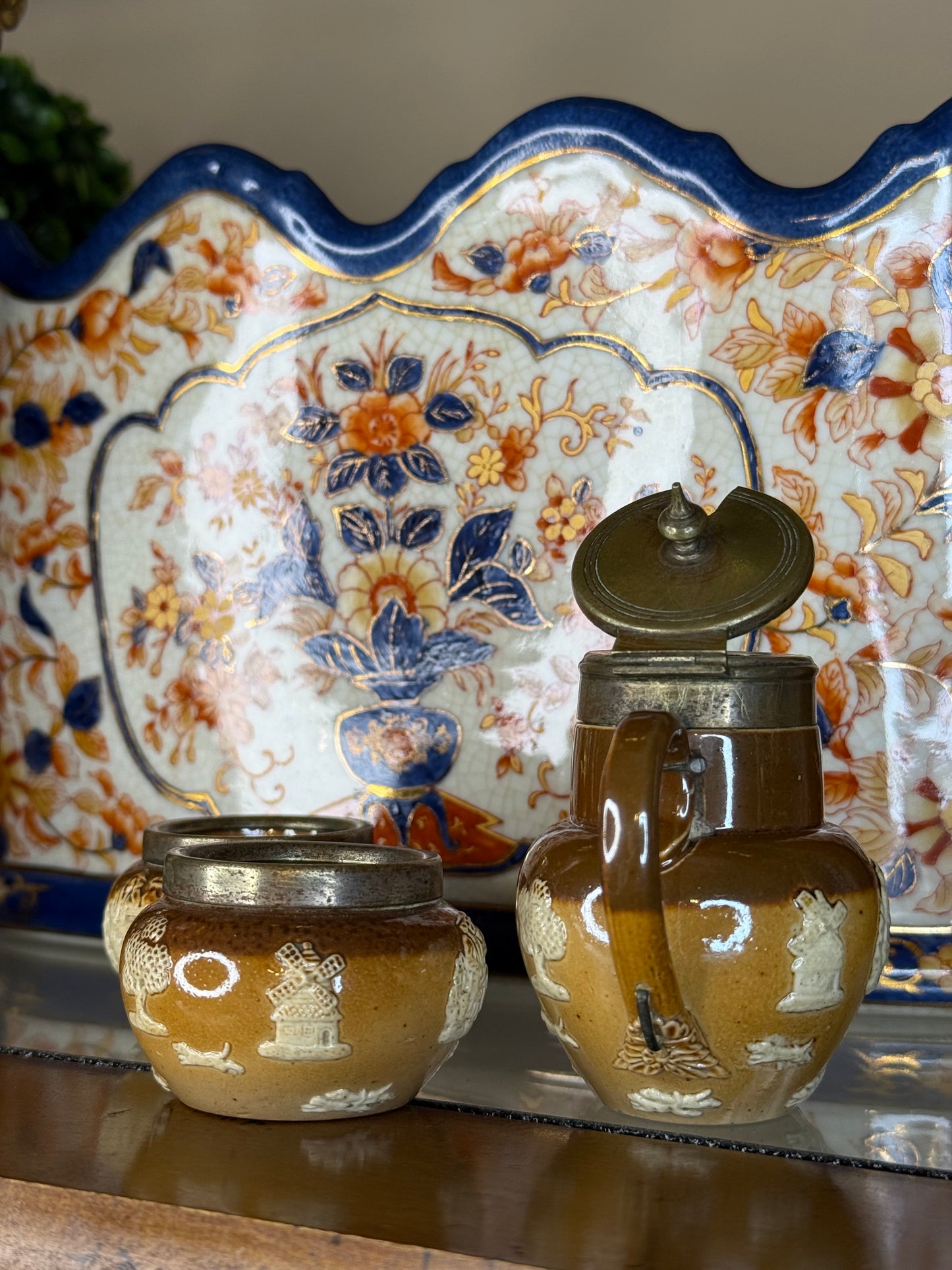Antique Doulton Lambeth Stoneware Condiment Set – Mustard Pot and Salts, c.1890, Stapled