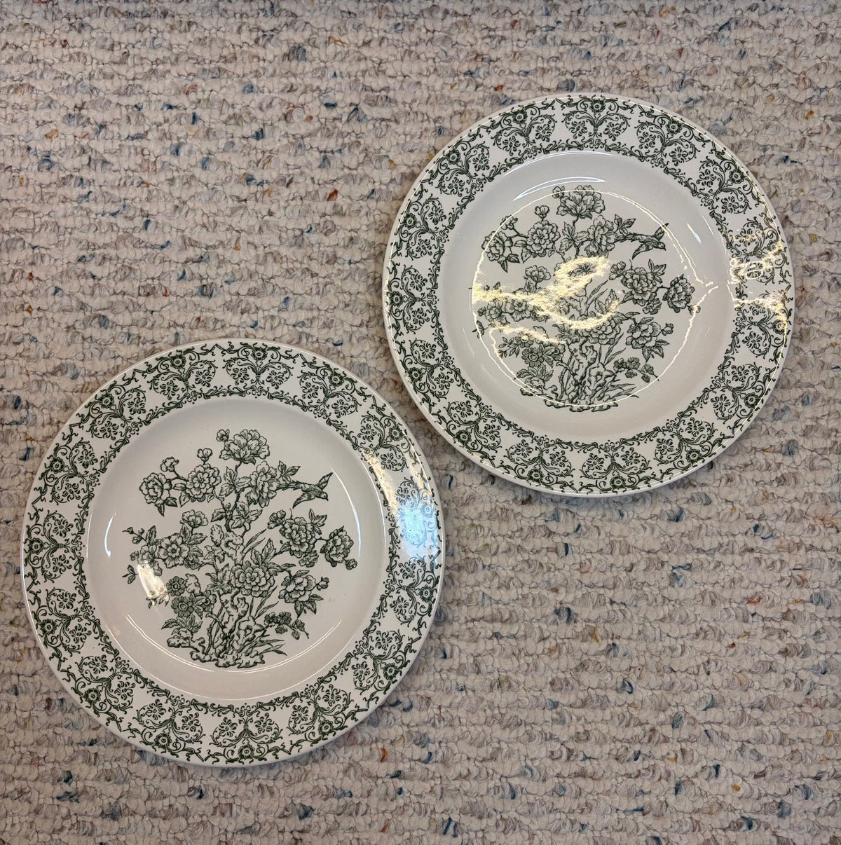 Beautiful green and white transferware plates with bird and floral details pair!
