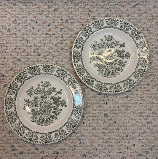 Beautiful green and white transferware plates with bird and floral details pair!