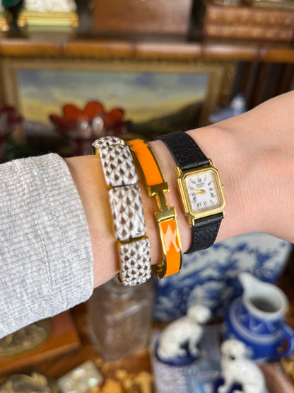 Orange Enamel “H” Gold Hinged Bangle Bracelet W/ Box