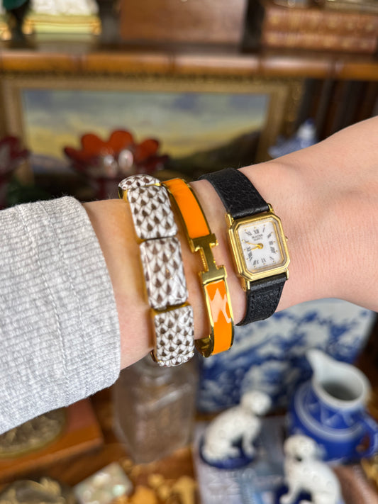 Orange Enamel “H” Gold Hinged Bangle Bracelet W/ Box