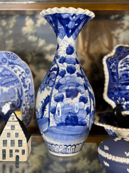Antique Japanese Arita Blue & White Porcelain Vase | Scalloped Rim Floral Vase | c.1900 | 12”